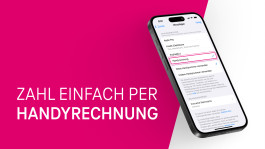  A smartphone screen shows a payment settings menu with Mobiles Bezahlen highlighted. To the left, bold text on a bright pink background states ZAHL EINFACH PER HANDYRECHNUNG. This scene could easily be featured in a sleek Produktfilm showcasing innovative technology.